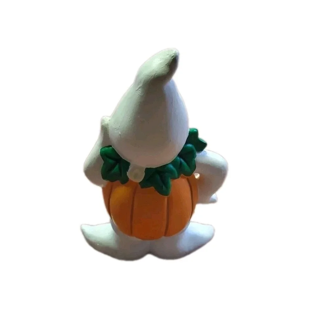 Vintage Ceramic Halloween Ghost Wearing Pumpkin Jack O Lantern Figurine Set 2